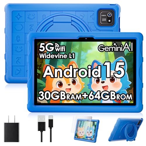 ZENTALITY Kinder Tablet 10 Zoll Android 15 mit 30GB RAM + 64GB ROM(2TB), 5G WLAN 6, Widevine L1, Elterliche Kontrolle, 8-Core, 8000 mAh, Kids Tablet mit Kinder Hülle Eva + 360° Drehbarer Ständer,Blau