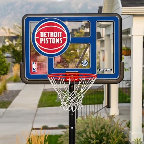Image of Lifetime NBA Detroit Pistons Portable Basketball Hoop, Adjustable Height 7.5-10 Ft, 44 Inch Shatterproof Fusion Backboard, Base with Wheels