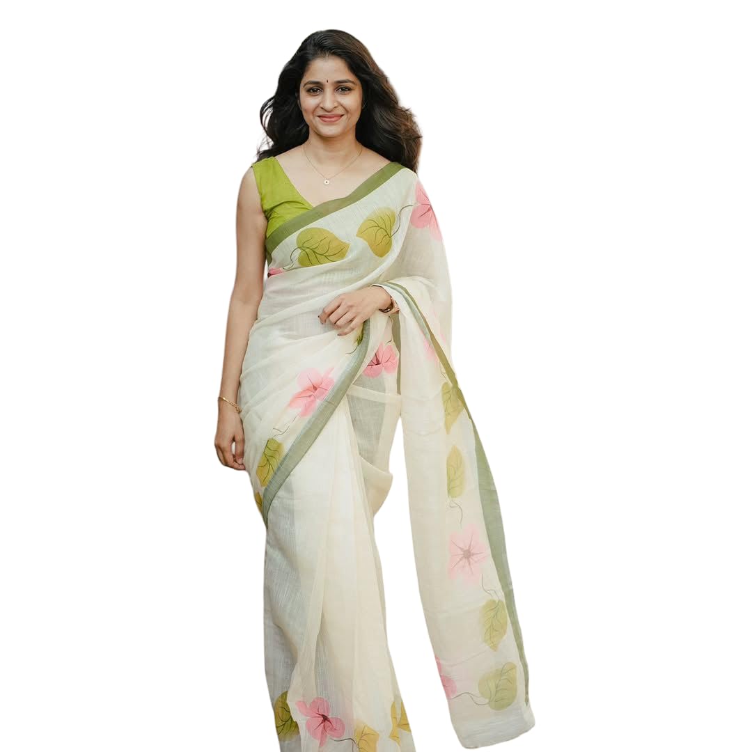 femori Women's Painted Cotton Linen Saree, White with Pink Floral Print, Green Border and Blouse, Lightweight Daily-picture-24
