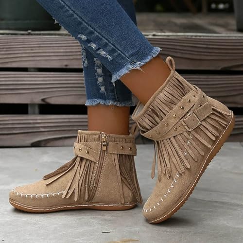 Ankle Boots for Women,Women's Fringe Ankle Boot Round Toe Flats,Winter Warm Fashionable Western Outdoor Short Boot with Zipper Non Slip Boots for Women,Fall Booties for Woman 20253