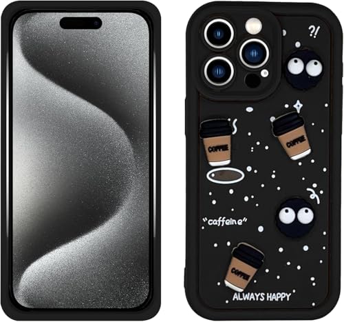 Image of GoldKart Back Case Cover Compatible for iPhone 15 Pro | Cute Fun Cartoon 3D Ball Coffee Silicone Case | Full Body Protection Back Cover for iPhone 15 Pro - Black