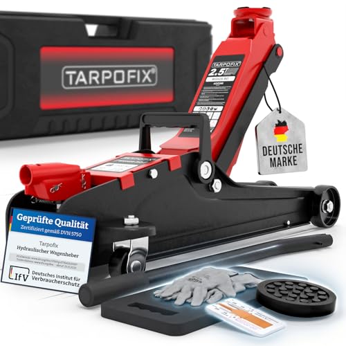 Tarpofix® Wagenheber 2,5t hydraulisch (85-380 mm Hubhöhe) | Premium-Komplettset Rangierwagenheber 2,5t mit Koffer | Hydraulischer Wagenheber flach für SUV & tiefergelegte Autos | Rot