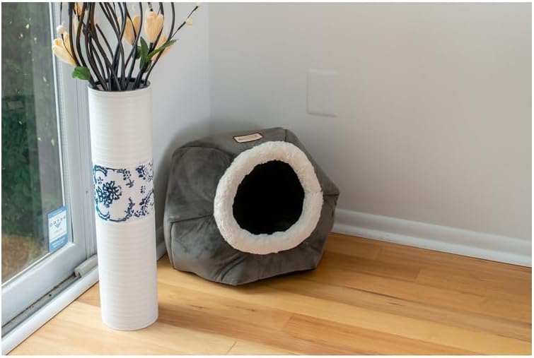 HomeStock Velvet Pet Bed -Gray Cat Bed, 18x18x14 - Plush Hideaway, Removable Cushion, Water-Resistant Base