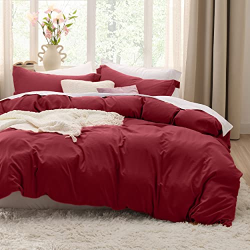 Image of Bedsure Red Duvet Cover Queen Size - 3 Pieces Prewashed Cotton-Like Polyester Extra Soft Bedding Set, Includes 1 Duvet Cover 90x90 Inches with Zipper Closure & 2 Pillow Shams, Comforter Not Included