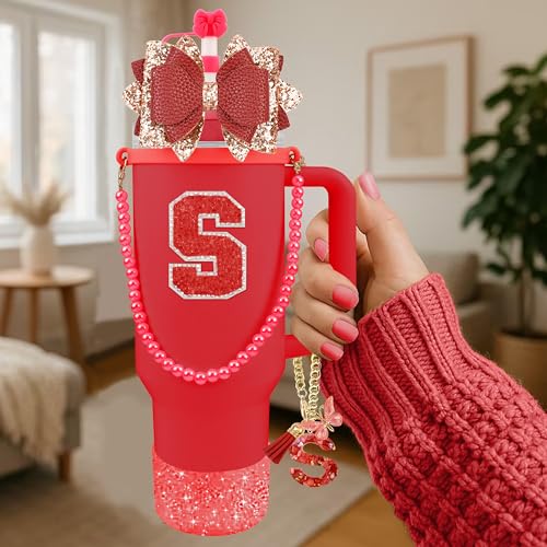 Hpebl 9PCS Red for Stanley Cup Accessories Set Bling Initials Bow Charms for Stanley Decorations 30/40 Oz Tumbler Accessories Including Bow Straw Topper, Handle Strap, Spill Stopper（Letter S） - image 2