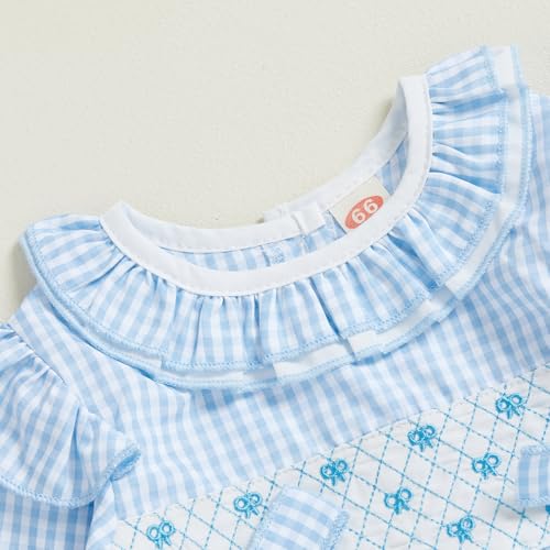 Newborn Baby Girl Fall Outfit Floral Bow Smocked Bubble Romper Doll Collar Ruffle Long Sleeve Plaid Bodysuit Clothes4