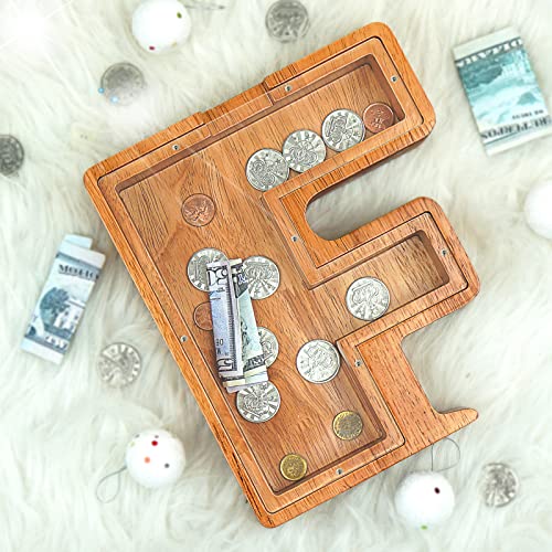 Image of Piggy Bank for Kids Boys Girls, Large Personalized Wooden Letter Piggy Bank with Cut-Out Design, Alphabet Letter Coin Banks, Money Savings Box, Wooden Bank for Kids Creative Gift for Real-Money(F)