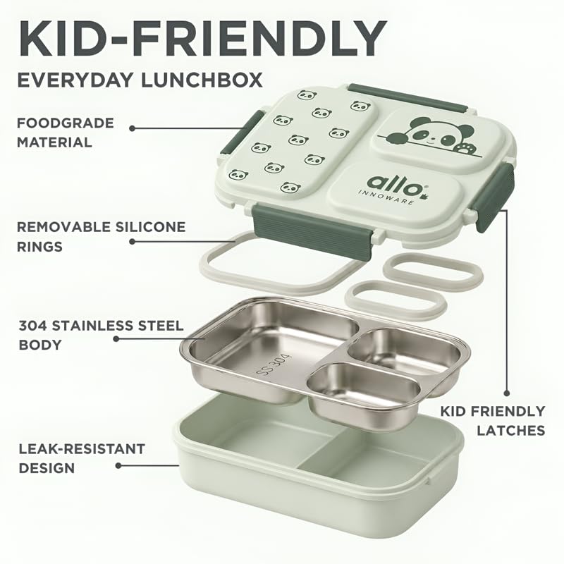 Image of Allo Bento Stainless Steel Lunch Box for Kids- BIS Approved, 304 Stainless Steel 3 Compartment Leakproof Tiffin Box for Boys and Girls for School, Travelling, Baby Snacks, 740ml Green Panda