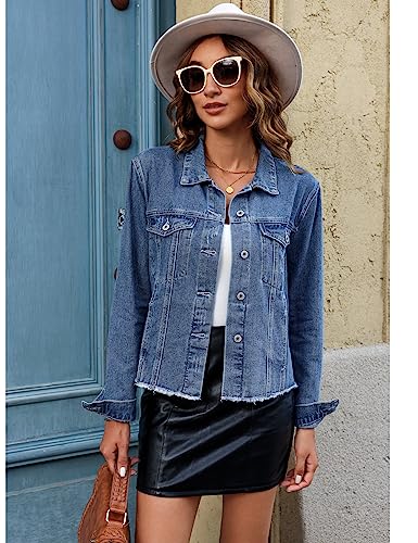 Image of luvamia Denim Jacket for Women Distressed Jean Jackets Button Up Vintage Western Trucker Jacket Frayed Hem Pockets