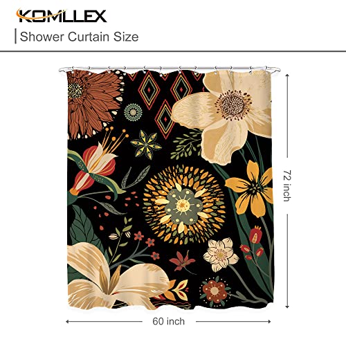 Komllex Abstract Bohemian Floral Shower Curtain For Bathroom Decor 60Wx72H Inches Vintage Boho Flowers Botanical Black Mid Century Modern Aesthetic Retro Fabric Waterproof Polyester 12 Pack Hooks #TOP4