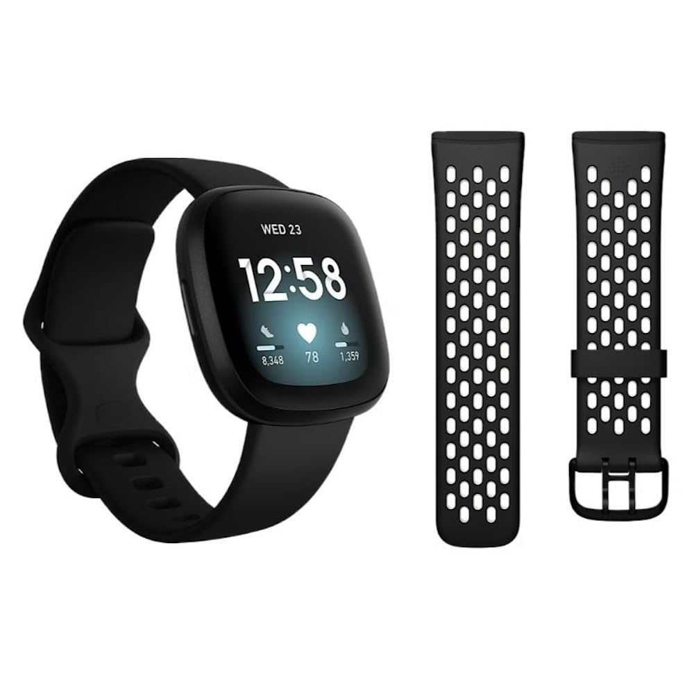 Photo 1 of Fitbit Versa 3 Smartwatch Bundle with Small and Large Bands and Bonus Large Accessory Band Black FB511BKBKL-BNDL