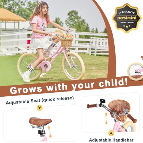 Image of Petimini Vintage Kids Bike for Girls, 12-20 Inch Classic Bicycle with Wicker Basket & Bell, High Tensile Steel Frame, Training Wheels (12-18 inch), 85% Pre-Assembled, Retro Bike for Outdoor Riding