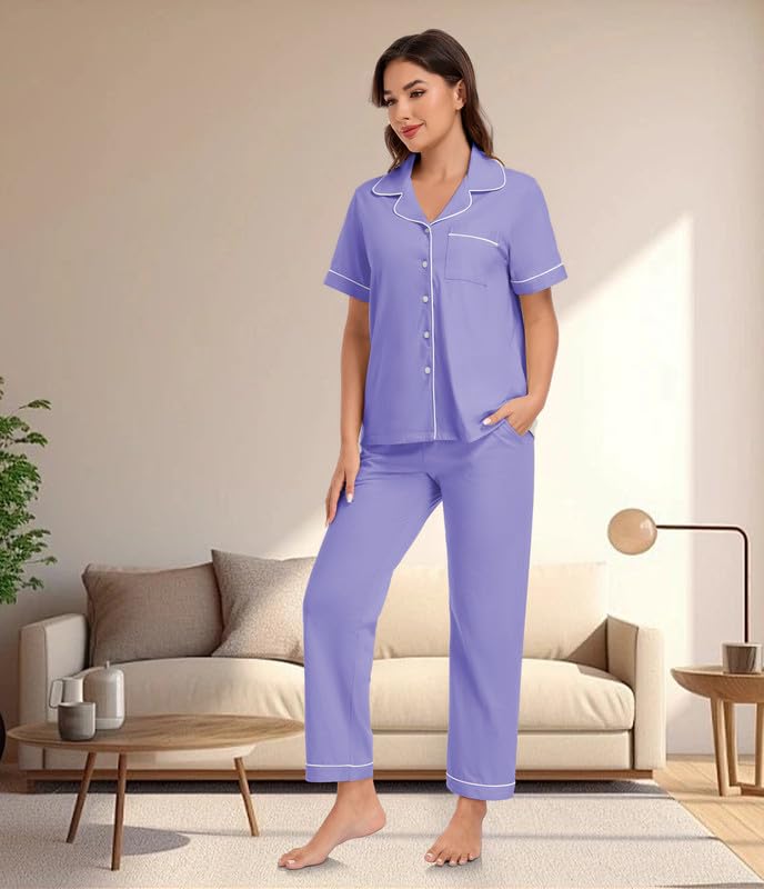 Image of CF 100% Cotton Pajamas for Women Set 2 Piece Short Sleeve Tops and Long Pants Comfy Well-Fitted Loungewear Set Pj Sets