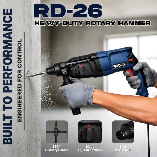 Image of RODRIX RD26 Rotary Hammer Drill Machine, 1600W Copper Motor, 1100 RPM, 4900 BPM, 26mm SDS Plus Chuck, 3 Modes, Forward & Reverse Function, Drill Bits & Chisels Included, 6 Months Warranty