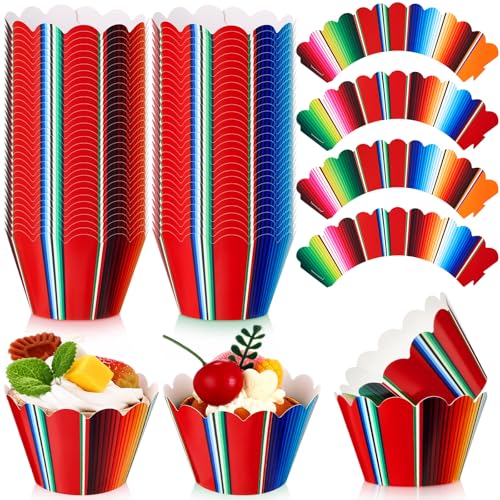 Domensi 100 Pcs Fiesta Cupcake Wrappers Mexican Colorful Cupcake Liners Paper Baking Cups Holders for Cinco De Mayo Taco Day of the Dead Sugar Skull Birthday Wedding Party Decor Supplies