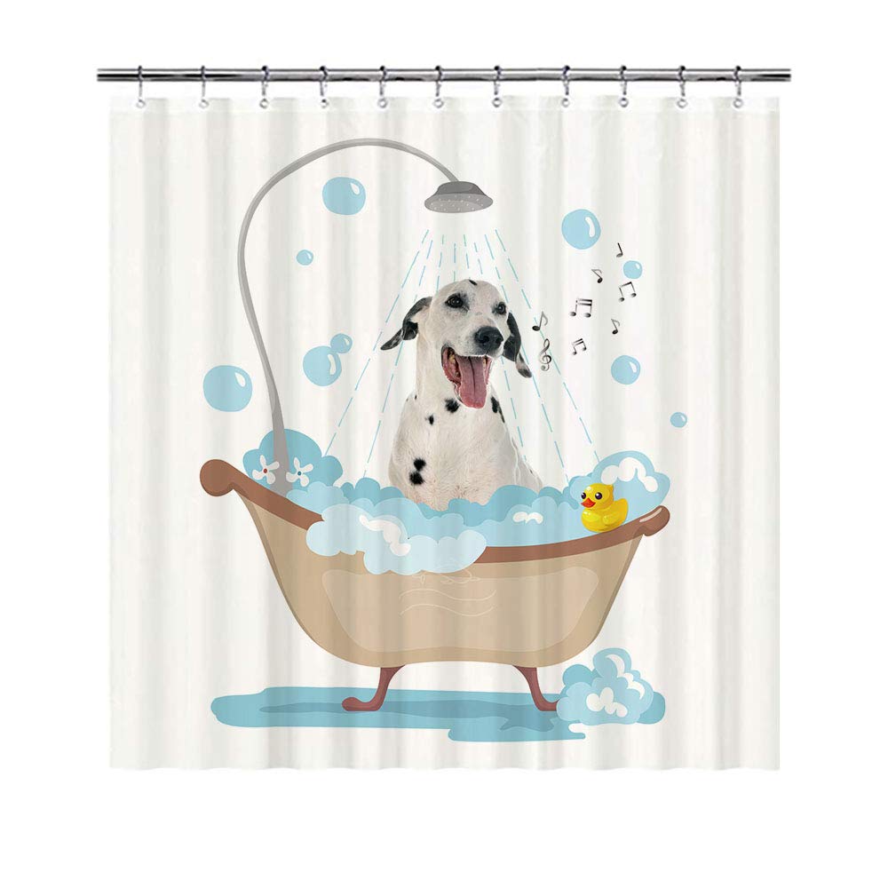 BAGEYOU Funny Dog Dalmatian Dog in Bath Shower Curtains Cute Puppy Taking A Shower Waterproof Polyester Fabric Bathroom Curtain 72 x 72 Inch, with 12 Hooks