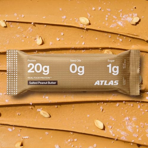 Image of Atlas Real Food High Protein Bars - 20g Protein, 1g Sugar, Clean Ingredients, High Fiber, Low Sugar Snack Bar, No Seed Oils, No Artificial Sweeteners (Salted Peanut Butter, 12 Count)