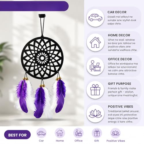 Image of Acrylic Dream Catcher Car Hanging Ornament with Purple and White Feathers - Rear View Mirror Decor for Cars, Spiritual Wall Hanging Decoration for Home, Office and Gift Use (ROUND-ART-001)