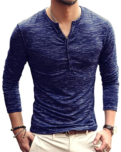 YAOBAOLE Langarmshirt Herren Slim Fit Herren Langarmshirt mit Knöpfen Henley Shirt Herren Dunkelblau L Cover