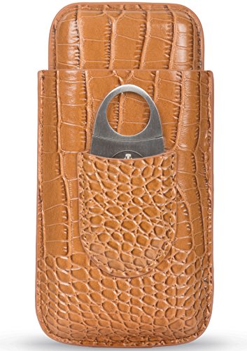 Cigar Case Travel - Cutter Included - Leather 3 Colors (Large Light Brown)