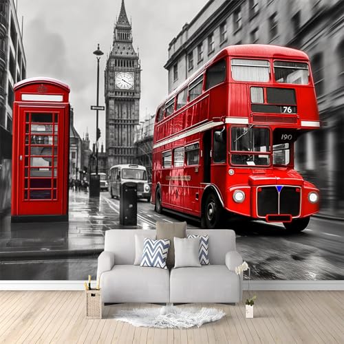 Générique Art Papier Peint Intissé 3D Ville Londres Bus À Impériale Rouge 350x256 cm Muraux Tapisserie Photo Décoration Murale, Papier Peint Salon...