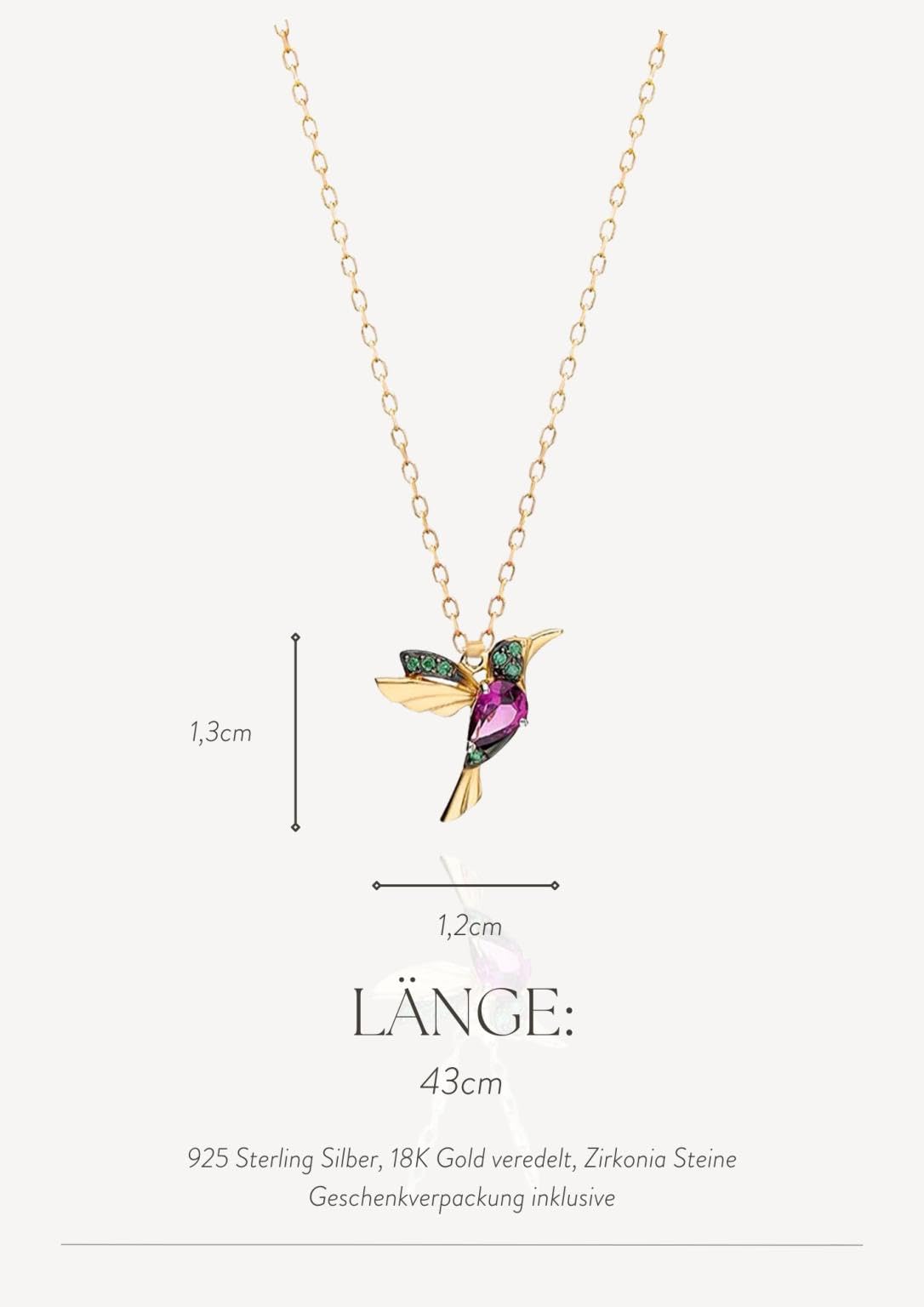 Einzelstück Collana con ciondolo a forma di colibrì, in argento Sterling 925, placcato oro, con zirconi cubici (colibrì oro)