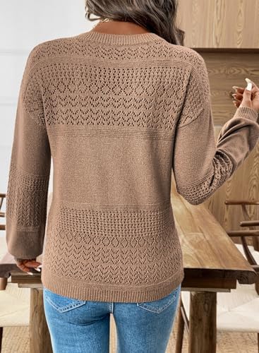 Image of SHEWIN Women's Sweaters Casual Long Sleeve V Neck Crewneck Lightweight Crochet Pullover Sweater Tops