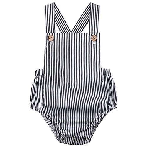 Baby Boys Girls Cotton Linen Rompers Solid Color Sleeveless Straps Backless Bodysuit 0-3M Black Striped