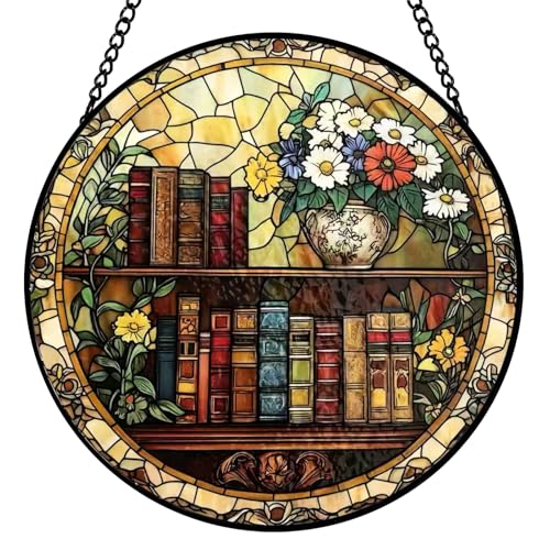 Book Suncatcher Stained Glass Window Hanging - 8 Inch Books Flowers Suncatchers for Windows Hanging...