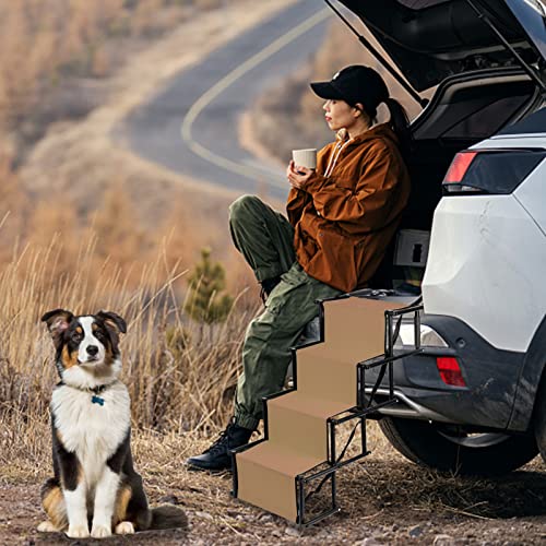 Belfoyer Faltbare Autorampe für Hunde, Treppe mit 4 Stufen für Haustiere, verwendbar für alle Fahrzeuge, belastbar bis 75 kg, wasserdicht, Polyester, Oxford-Metall (braun)