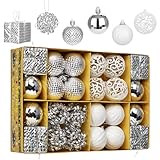Christmas Ornaments Tree Decorations, 24ct Silver and White Shatterproof Christmas Ball Ornaments Set, 1.9 Inch Decorative Hanging Ornament Bulk for Xmas Holiday Party Decor