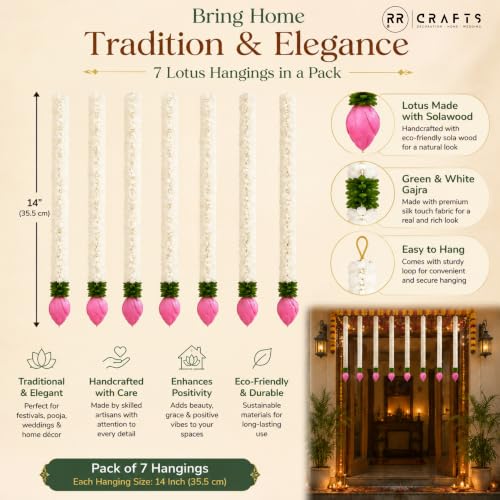 Image of Artificial Flower Hanging Garland | Lotus Gajra for Mandir Decoration & Pooja Decor | Wall /Door Hanging Flowers for Home, Diwali, Ganpati & Festival Decoration (White & Pink) 7 pcs