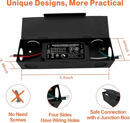 Image of 12V LED Driver with Junction Box, 60W Triac Dimmable Transformer Compatible with Lutron&Leviton Switches, Dimmable Power Supply for LED Light Stirps, Smooth Flicker Free Dimming
