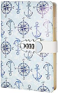 iLoveDeco PU Leather Lock Password Notebook, Creative Bound Daily Notepad with Combination Lock, A5 Secret Diary Journal Sketchbook Daily Planner Agenda Notepad, 15x21.5cm, Anchor Pattern