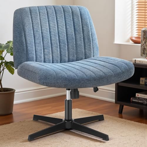 DUMOS Criss Cross Legged Chair Wide Comfy Home Office Desk Seat, No Wheels Armless Computer Task Seating, Swivel Vanity Chair Height Adjustable for Makeup Bedroom, Fabric Blue