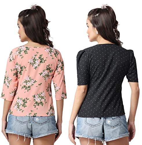 Image of POPWINGS Casual Floral Printed Round-Neck Puff-Sleeves Tops Combo for Women