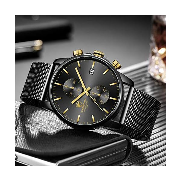 GOLDEN HOUR Mens Watch Fashion Sleek Minimalist Quartz Analog Mesh Stainless Steel Waterproof Chronograph Watches for Men with Auto Date - Image 6