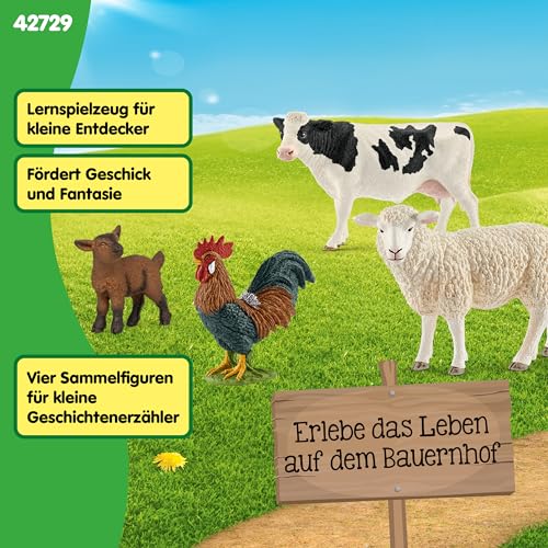 schleich FARM WORLD | Bauernhof Starterset 42729 | Spielset mit Ziege, Kuh, Schaf & Hahn | detailgetreue Tierfiguren & Sammelfiguren | Bauernhof Spielzeug ab 3 Jahren | schleich Tiere Set aus 4 Teilen