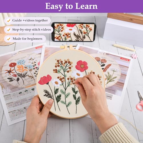 Image of 3 Sets Embroidery Kit, Cross Stitch Kits for Beginners, Needlepoint Kits for Adults with Floral Patterns, Hoop, Needles, Threads and Tools, Colorful Threads, Easy to Learn Step-by-Step Guide & Video