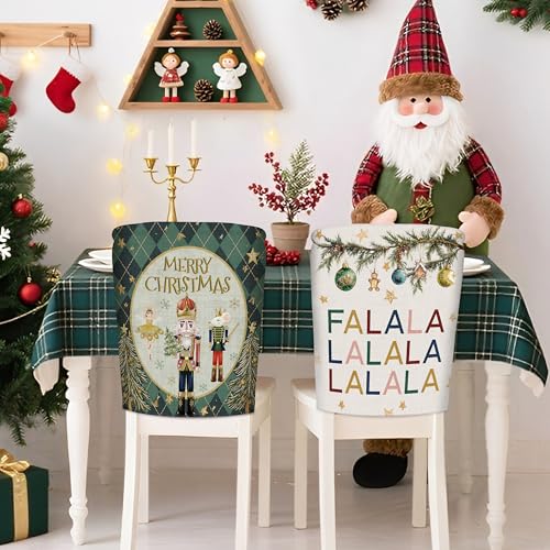 Image of Christmas Chair Covers Set of 6 Green Nutcracker Christmas Tree Chair Back Covers Holiday Dining Chair Slipcovers Protector Kitchen Dining Room Decor Festival Party Decoration