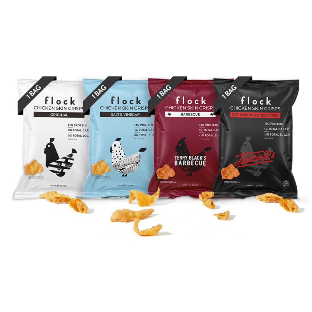 Flock Keto Chicken Skin Chips | 4 Flavors Variety Pack | Low Carb, High Protein, Sugar Free, Gluten Free Fried Chicken Skins | Chicken Chips for People | (2.5oz) 4-Pack Crispy Chicken Flock Chips
