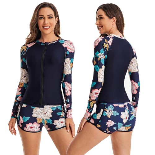 TOVCHEI Split Swimsuit Women Front Zipper Long-Sleeved Top Shorts Diving Suit Summer Sunscreen Anti-Jellyfish Surfing Suit,Blue,XL