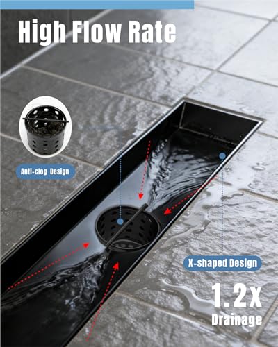 Image of 28 Inch Matte Black Linear Shower Drain | CUPC Certified 2-in-1 Tile Insert for Curbless Showers. 304 Steel, 15.8GPM Flow. Includes Hair Catcher & Adjustable Feet.
