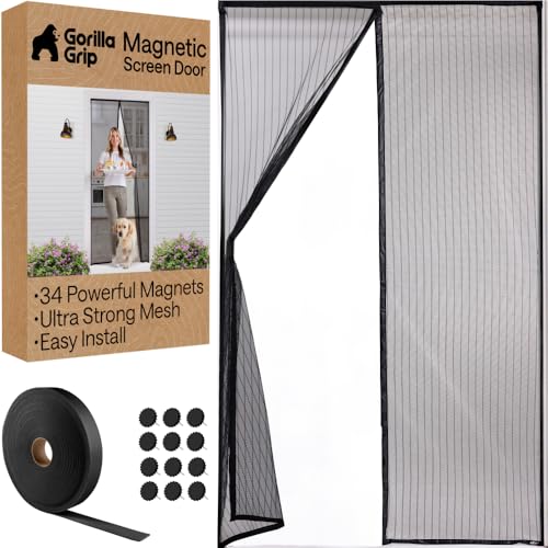 GORILLA GRIP Magnetic Screen Door, Hands Free Mesh Curtain Keeps Bugs and Mosquitos Out, Automatic Magnet Closure, Heavy Duty Patio Sliding Dog Doors Cover, Window Screens Protector, Black 38Wx82H