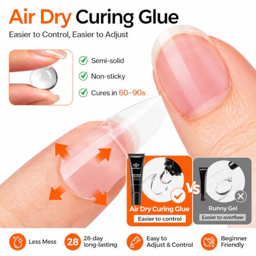 Image of Modelones Almond Gel Nail Tips Kit, No UV Lamp Semi Solid Glue Nail File | 15Sizes 240PCS Pre Etched Half Matte Medium Press On Nails No UV Light Needed Quick Drying, Long Lasting DIY Home Salon