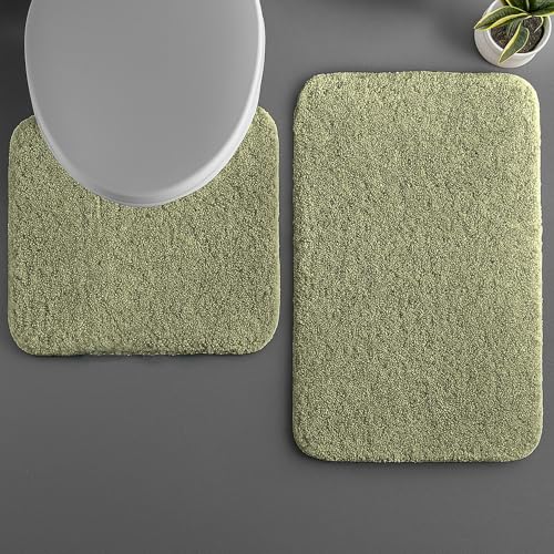 Image of LUXE HOME INTERNATIONAL Polyester Contour Bath Mat - Washable, Anti Skid, Water Absorbent Contour Mats for Bathroom, Toilet, Wash Basin & Bathroom Contour Mat Set (Pista, 45x 75 cm & 40x45)