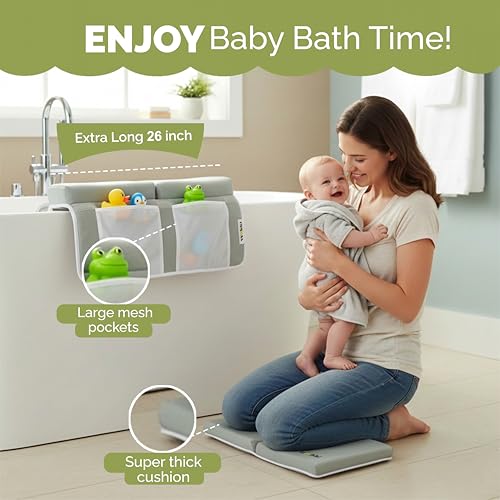 Image of Wobbi Baby Bath Kneeler and Elbow Rest Pad Set - 1.5 inch Thick Memory Foam Knee Pad for Bathing Babies - 6 Suction Cups Non Slip Bath Kneeling pad with Toy Storage - Foldable & Quick Drying (Green)