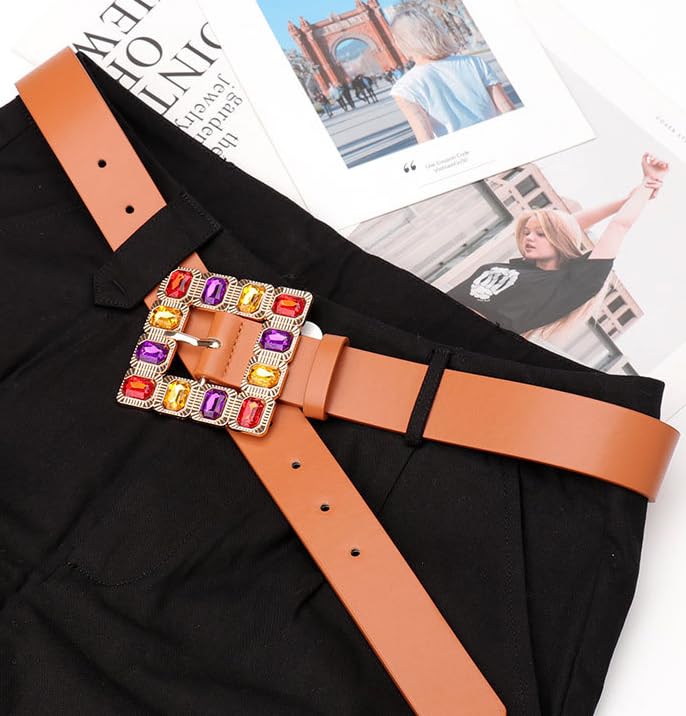 Women's Colorful Rhinestone Square Buckle Leather Belt for Jeans Dresses Pants3