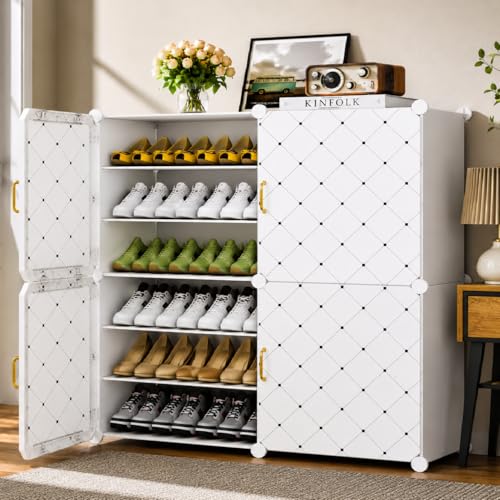 Image of Sunderlook Shoe Rack Plastic for Home- Shoe Stand, Chappal Stand, Professional Multipurpose Foldable Standing Comfort Runner Shoe Rack with Door, Slipper Stand (Off White, 12 Shelf 4 Door)