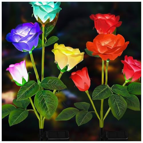TONULAX Silk Solar Garden Lights - 7-Color Changing LED Rose Lights for Yard and Garden Decoration, Enlarged Solar Panel, Realistic Flower (2 Packs)